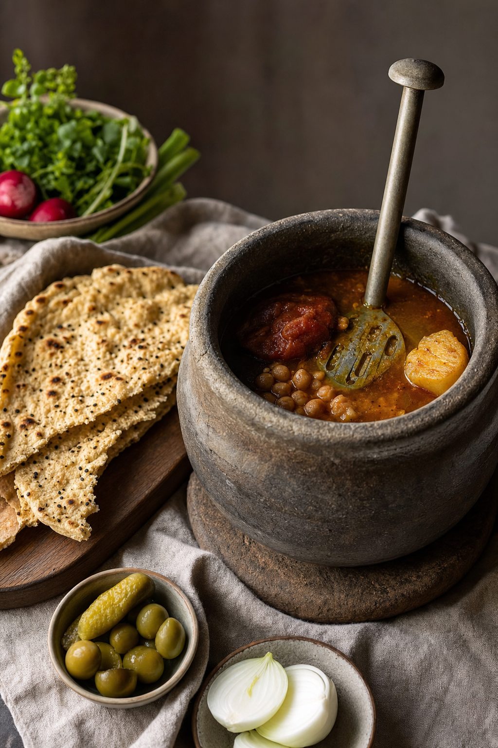 دیزی سنگی با گوشت‌کوب، نان سنگک و ترشی