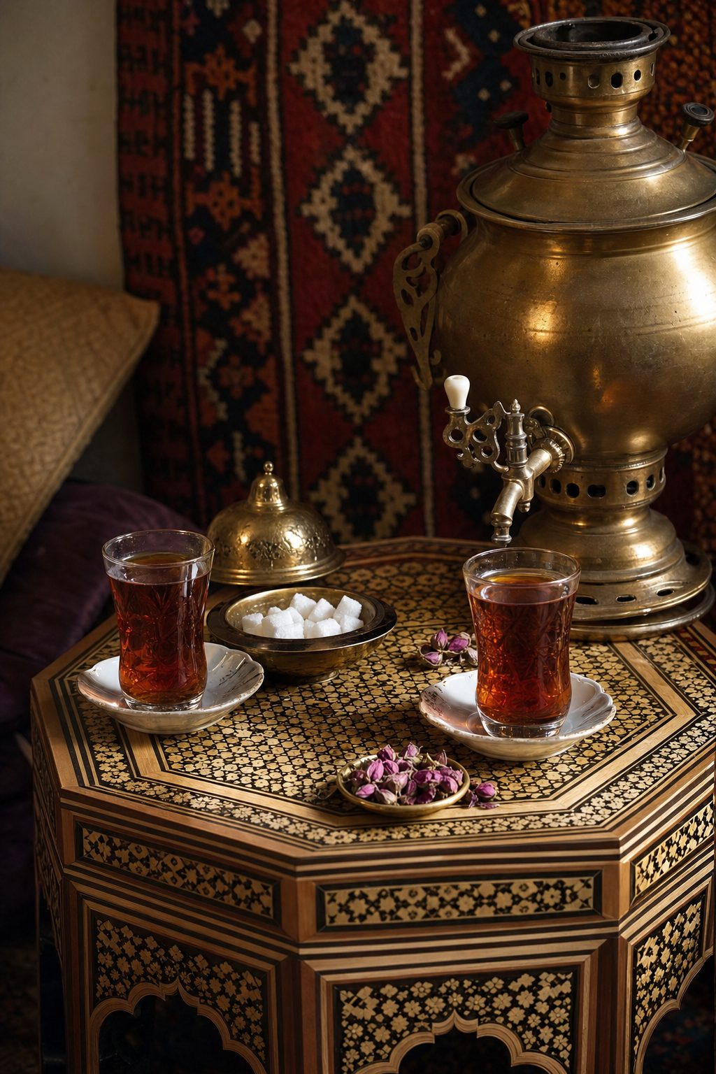 سماور برنجی و دو استکان چای روی میز خاتم‌کاری